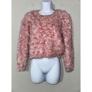 MINKPINK Fuzzy Knit‎ Cropped Pullover Sweater Pink White XS Extra Small